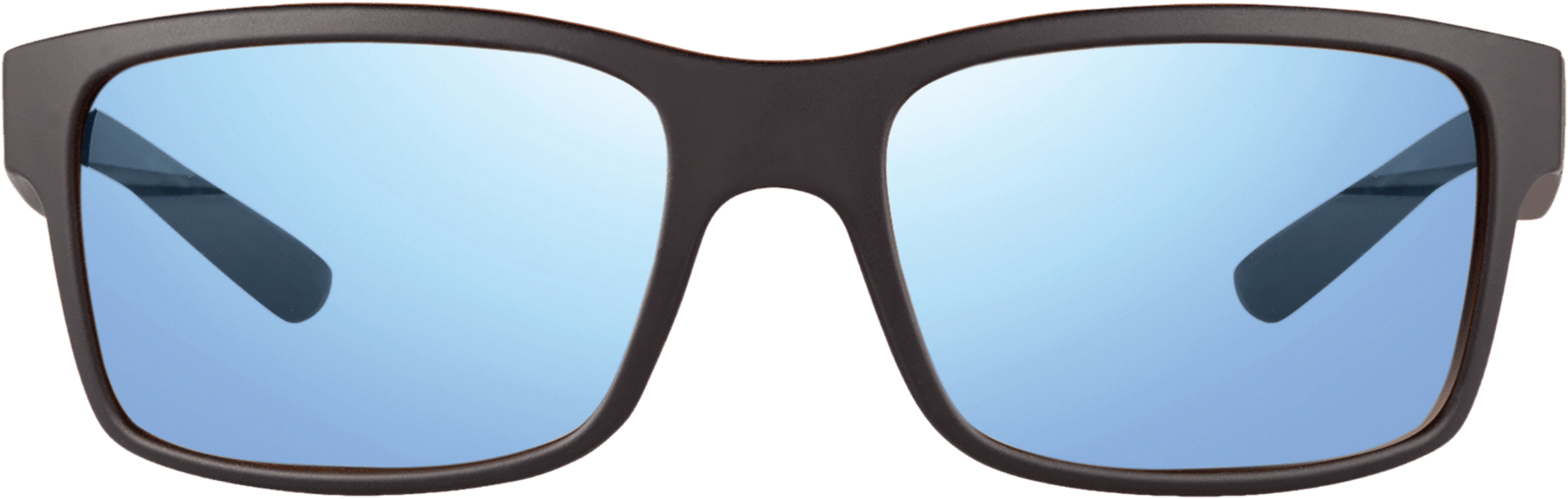 A pair of blue polarized sunglasses with a wraparound design.