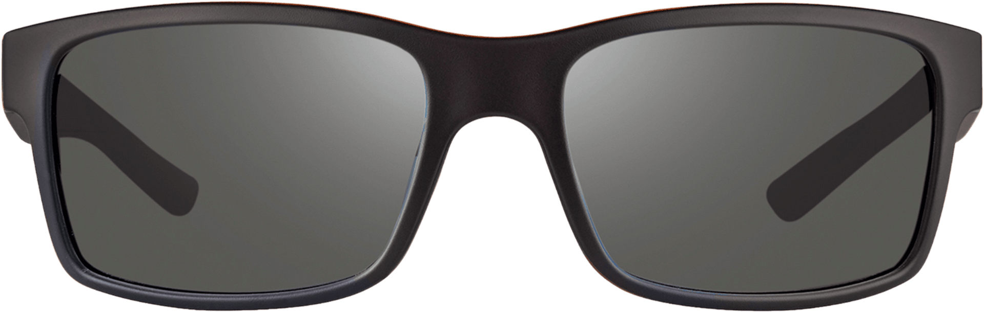 A pair of gray polarized sunglasses with a wraparound design.