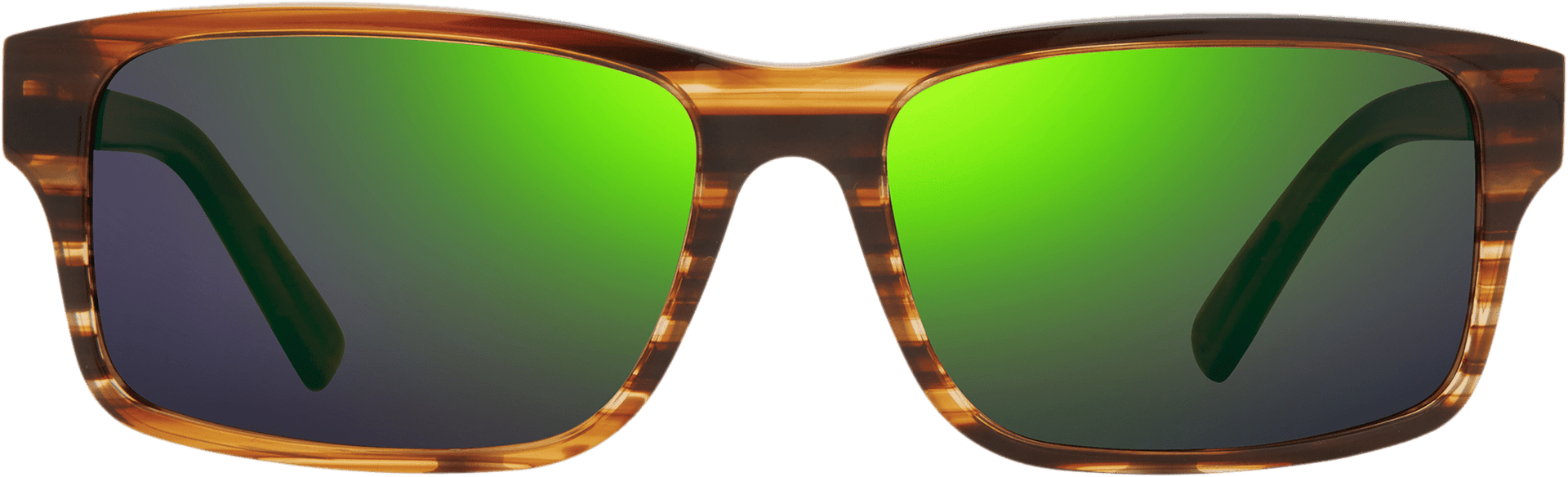 A pair of rectangular framed sunglasses with green lenses and a tortoise frame.