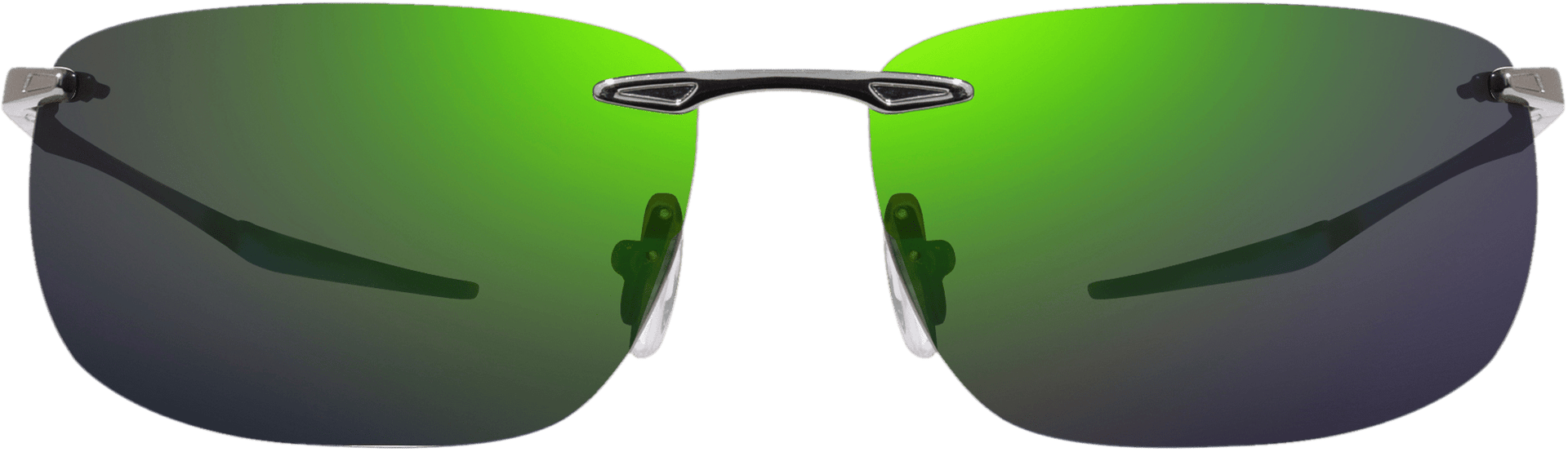 Rimless sunglasses with a stainless-steel frame and polarized lenses, reflecting green light.
