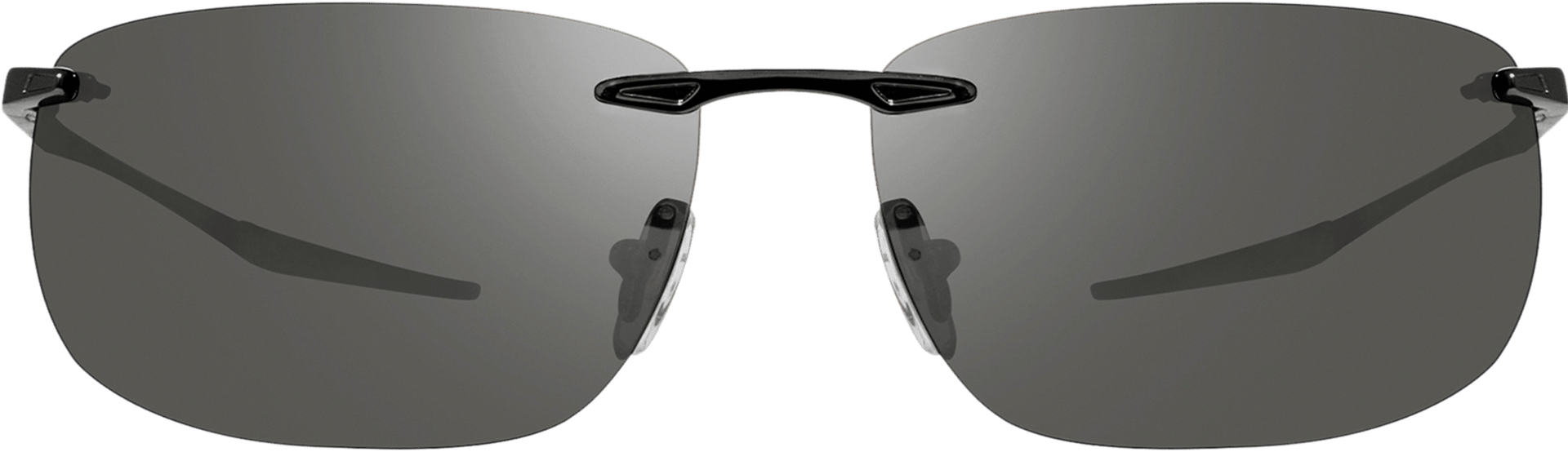 Rimless sunglasses with a stainless-steel frame and polarized lenses, reflecting green light.