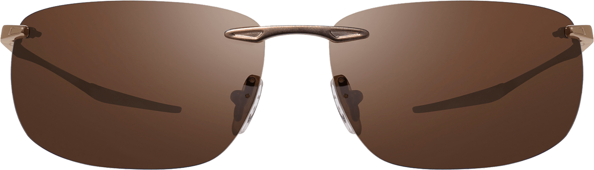 Rimless sunglasses with a stainless-steel frame and polarized lenses, reflecting green light.