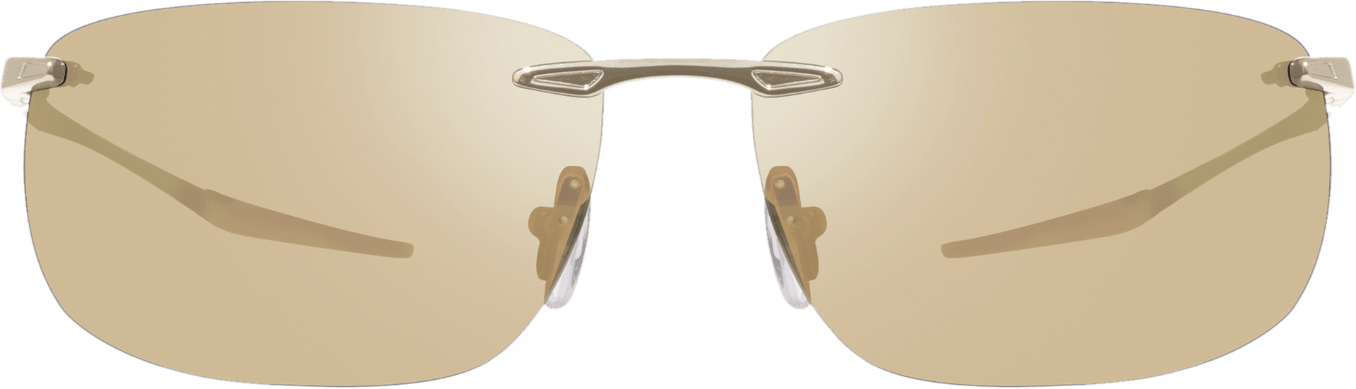 Rimless sunglasses with a stainless-steel frame and polarized lenses, reflecting green light.