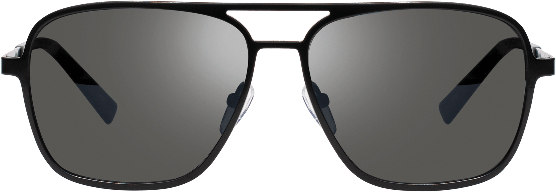 A pair of square-shaped, titanium frame sunglasses with gray polarized lenses.