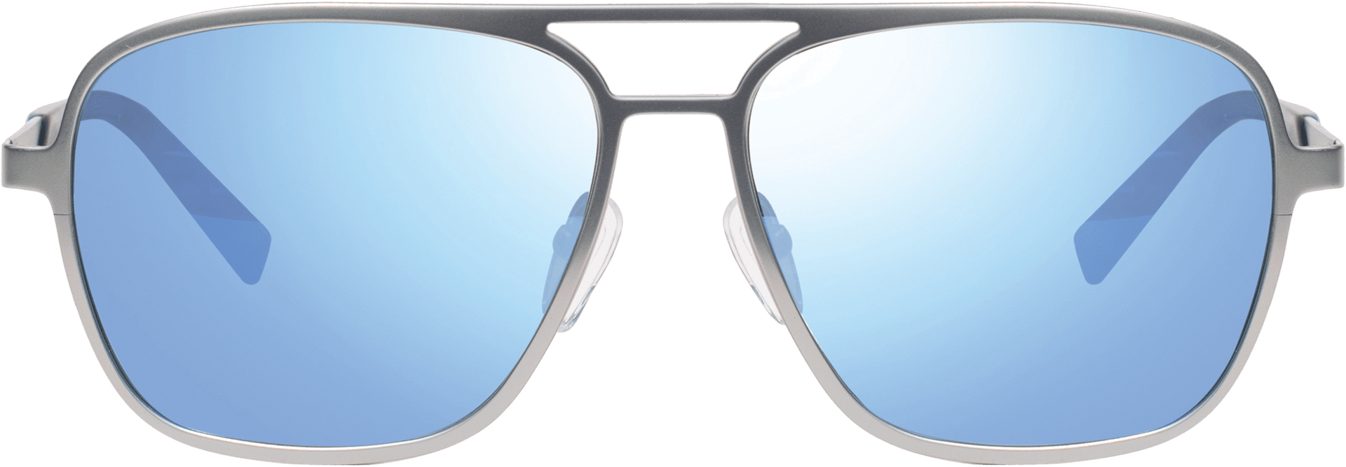 A pair of square-shaped, titanium frame sunglasses with blue polarized lenses.