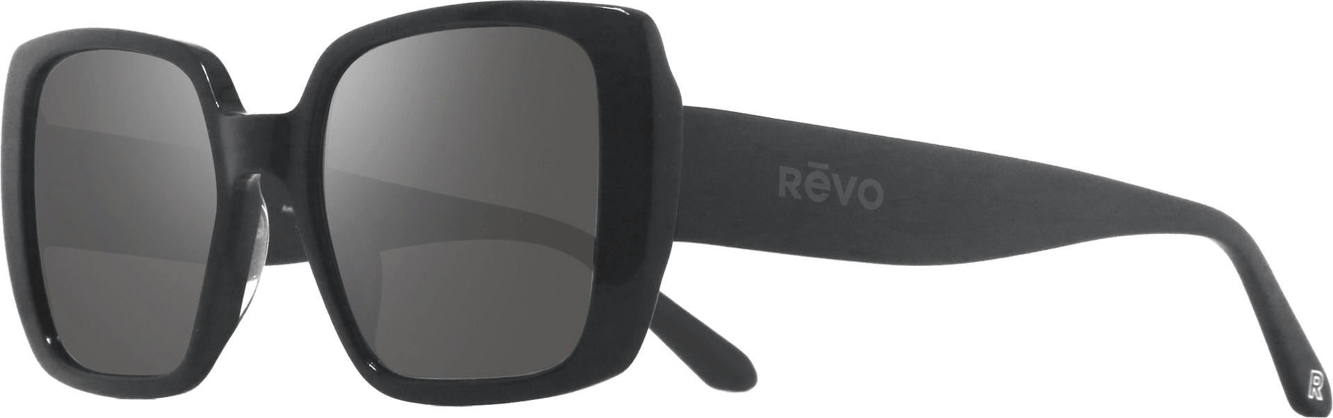 Black sunglasses with a prominent 'REVO' logo on a white background