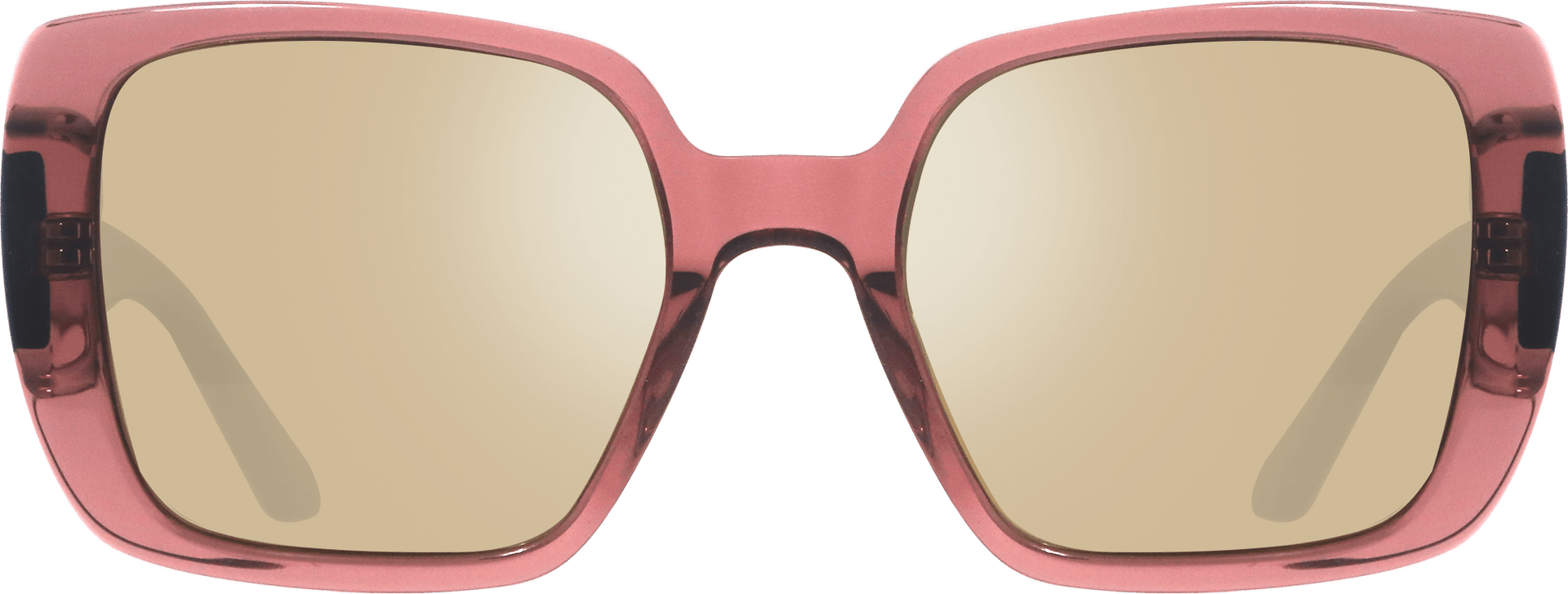 Pink sunglasses with gold-tinted lenses on a white background