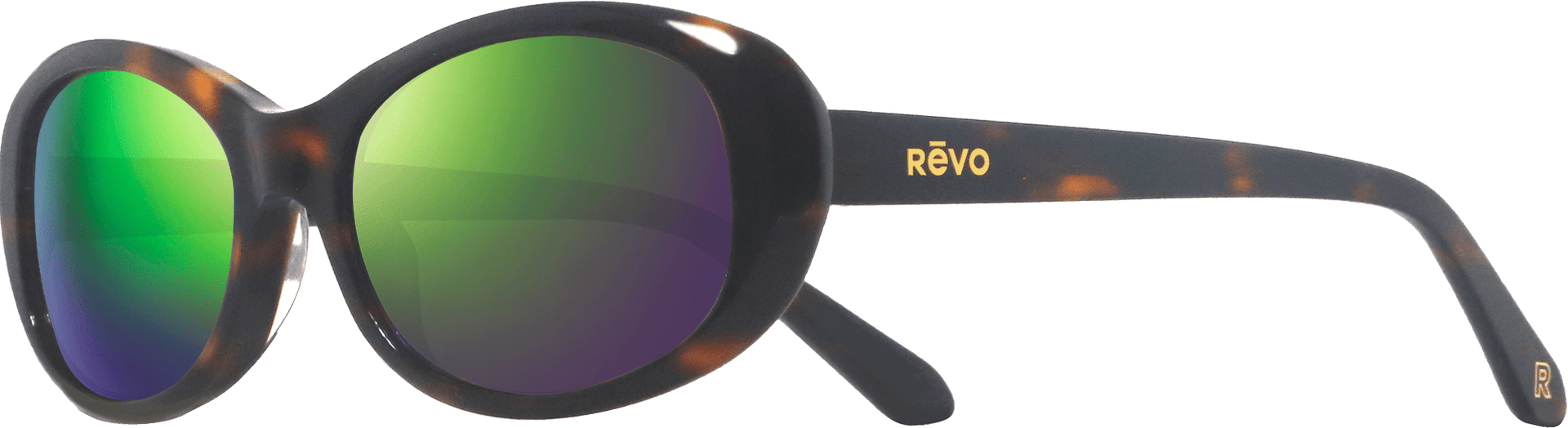 Revo sunglasses with tortoiseshell frame and green mirrored lenses on a white background