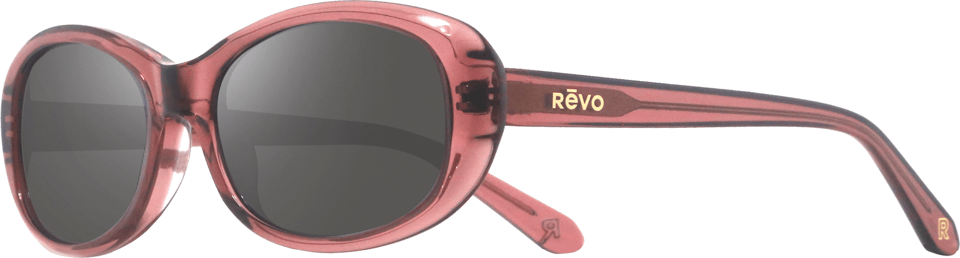 Red sunglasses with black lenses and 'REVO' branding on a white background
