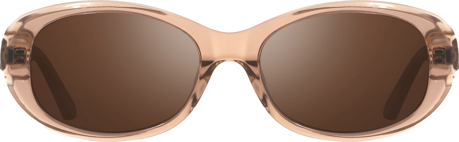 Sunglasses with a rose gold frame and brown lenses on a white background