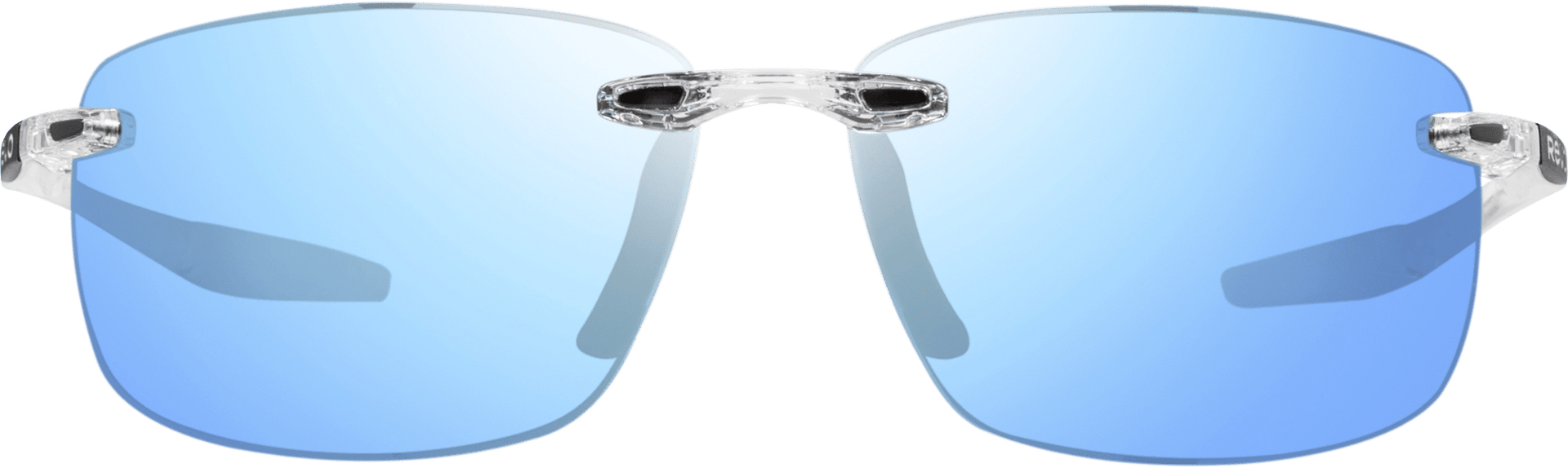 Rimless blue sunglasses with polarized lenses and a metallic frame.