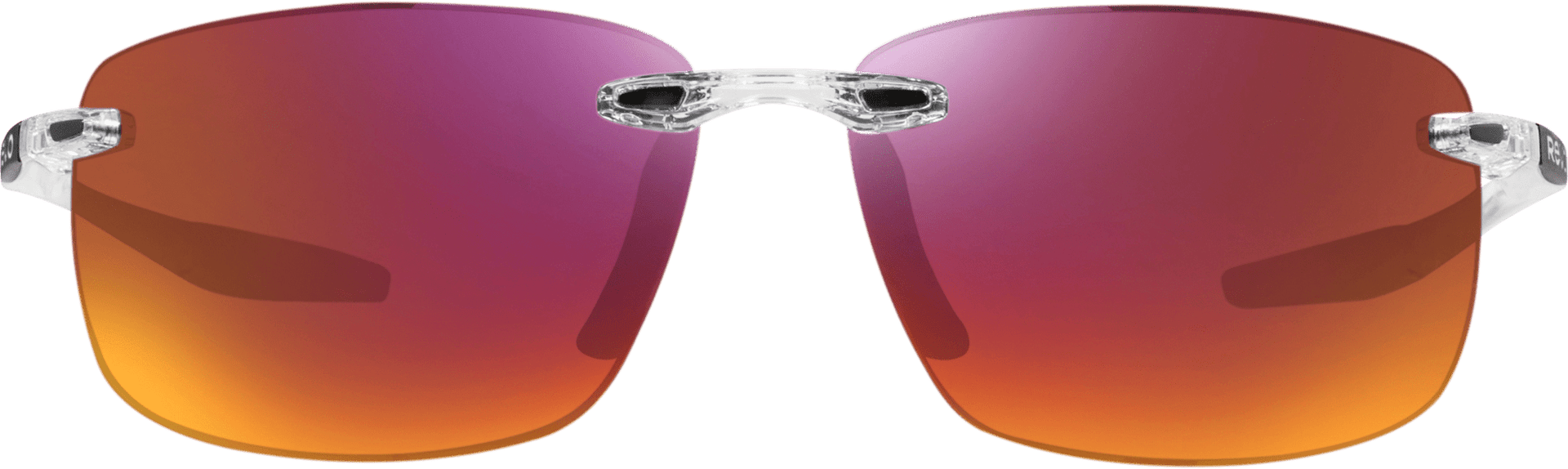 Rimless pink sunglasses with polarized lenses and a metallic frame.