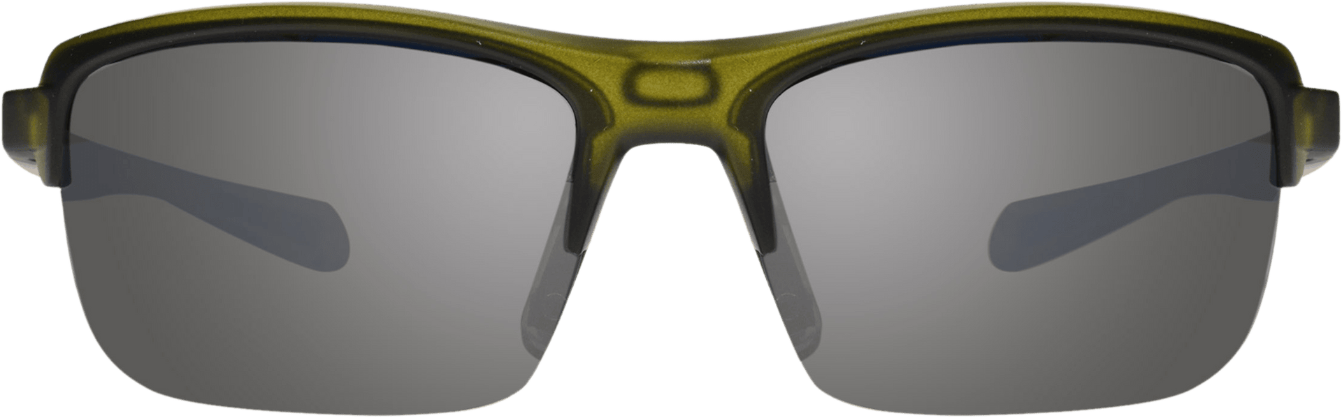 A pair of semi-rimless, wrap-around sunglasses with gray lenses and a green frame.