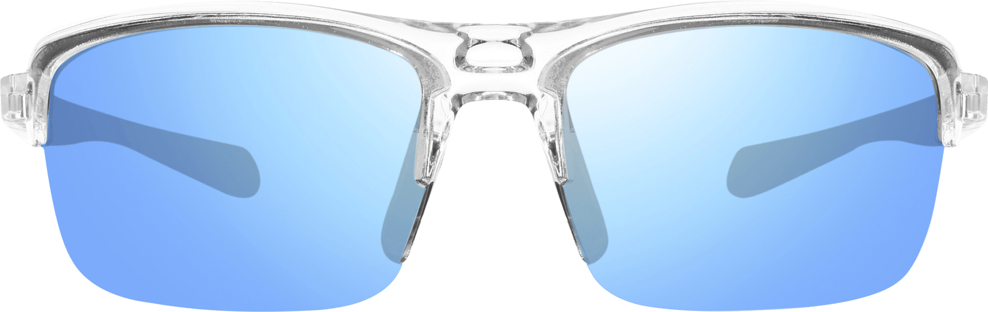 A pair of semi-rimless, wrap-around sunglasses with blue lenses and a white frame.