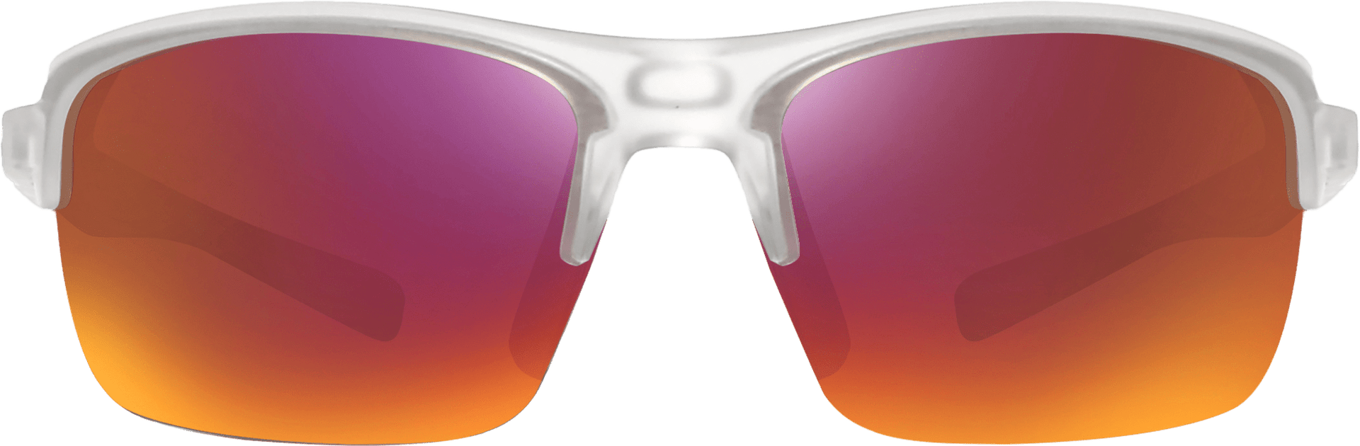 A pair of semi-rimless, wrap-around sunglasses with pink lenses and a white frame.