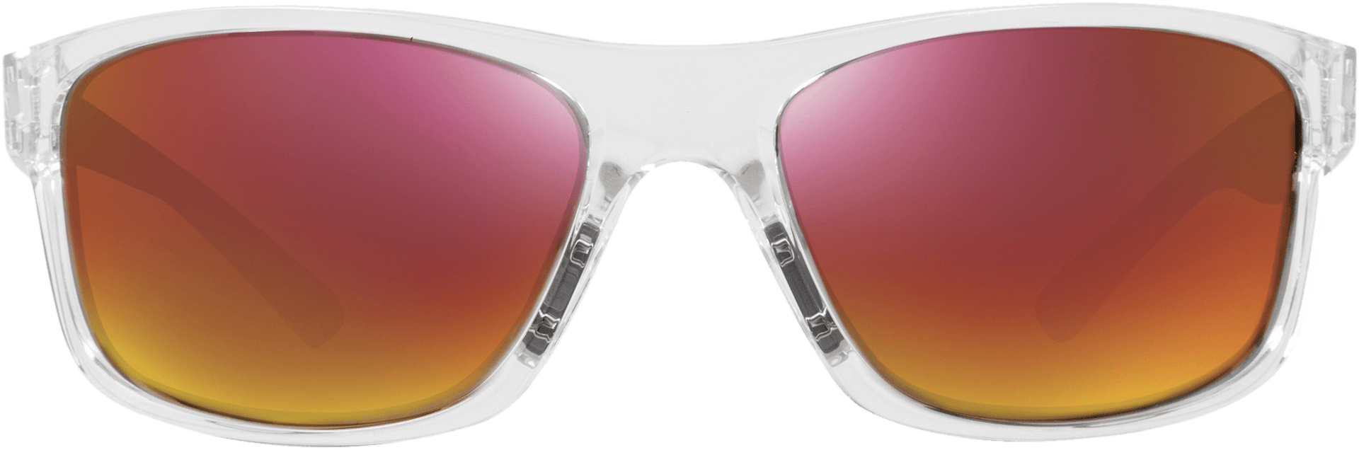 A pair of sunglasses with a wrap-around frame design and pink lenses.