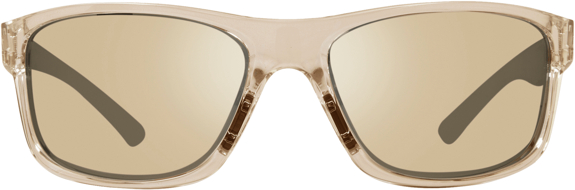A pair of sunglasses with a wrap-around frame design and champagne lenses.